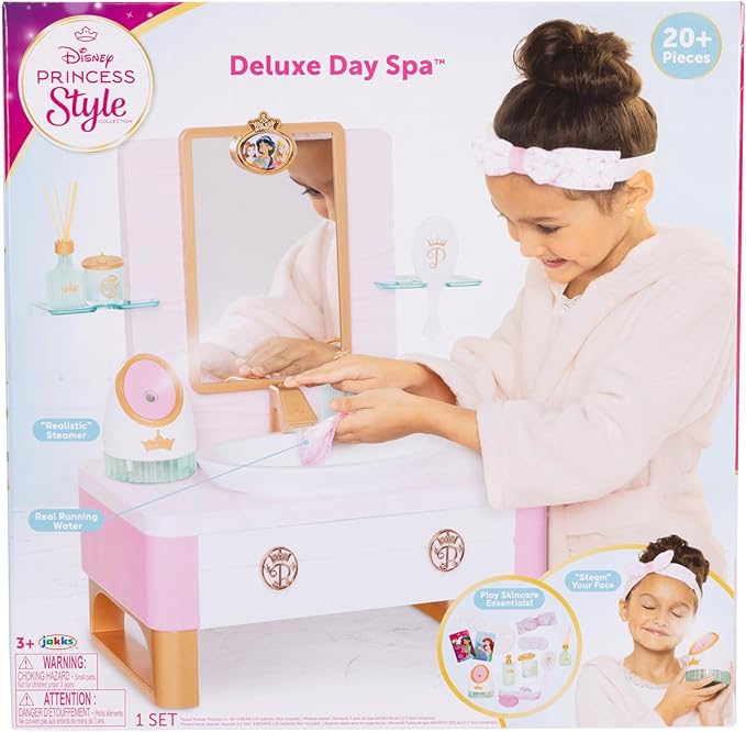 Disney Princess Style Collection Girls Deluxe Day Spa with Realistic Steamer, Play Skincare Essentials & Real Running Water, 20+ Pieces