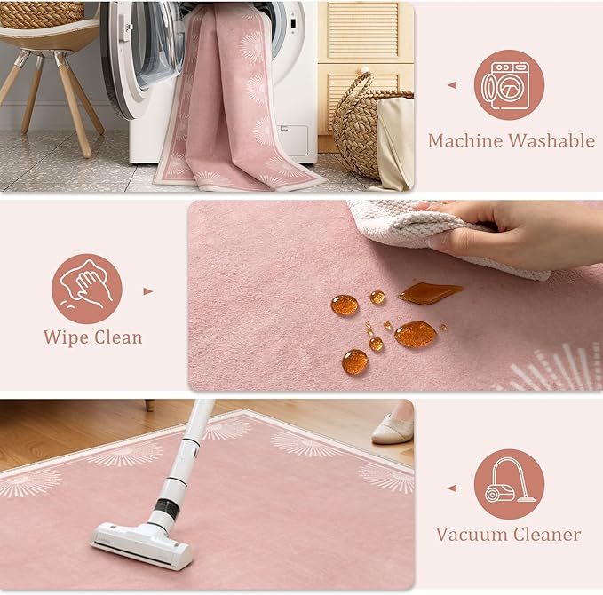 Modern Pink 8x10 Rug for Living Room,Ultra Thin Washable Bedroom Rug 8x10 Under Bed, Non Slip Sun Print Large Rugs, Non Shedding Throw Carpet for Girls Room Nursery Dorm(8'x10',Pink)