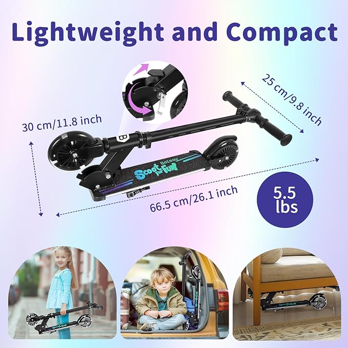 BELEEV V3 Scooter for Kids with Light-Up Wheels & Stem & Deck, 2 Wheel Folding Scooter for Girls Boys, 4 Adjustable Height, Lightweight Kick Scooter with Handy Kickstand for Children Ages 3-12