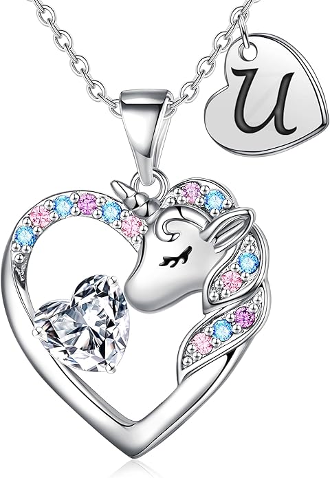 Necklace for Girls Kids Gifts - Colorful CZ Heart Initial Necklaces Unicorn Necklace for Girls Jewelry Birthday Graduation Gifts for Little Girl Kids