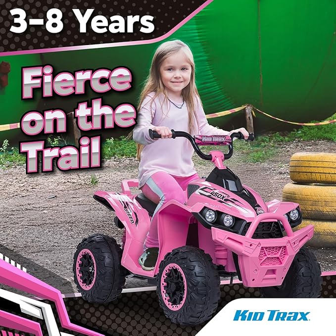 Kid Trax Toddler ATV 12V Ride On Toys - Quad ATV, Electric 4 Wheeler, Reverse and Forward, Kids' Electric Vehicle, Quad Car ATV w/ 2 Speed, Led Headlights, 4 Wheeler, Max Weight 77 lb, Ages 3-8, Pink