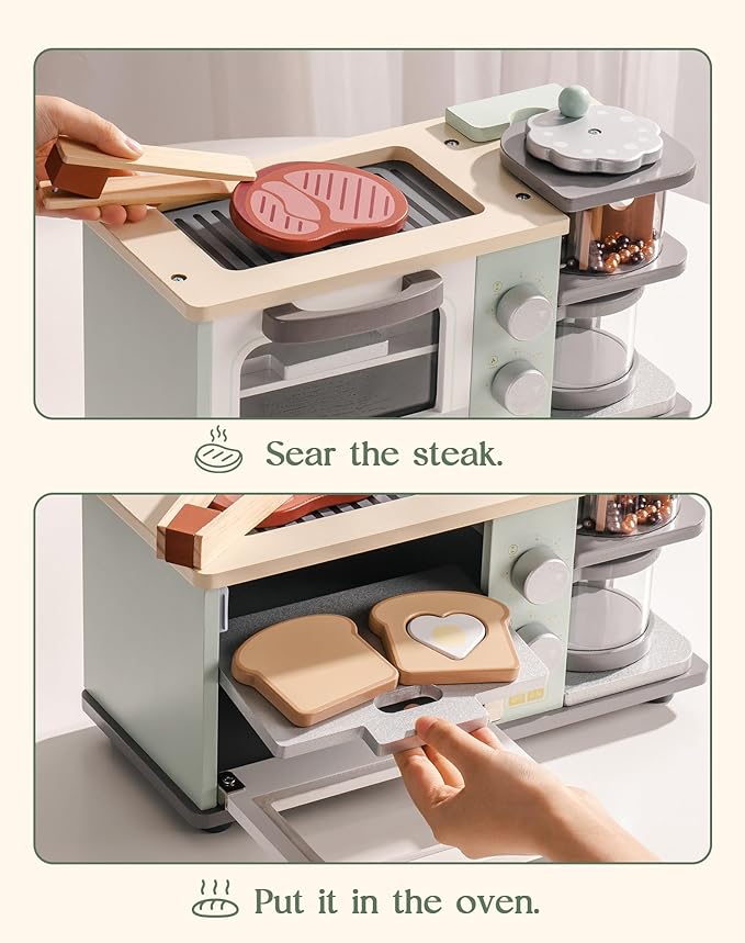 ROBOTIME Play Kitchen Toys Accessories - Wooden Breakfast Machine Kitchen Toy for Kids with Coffee Maker and Pretend Play Food Sets - Kitchen Playset Appliances Toy for Toddlers (Mint Green)