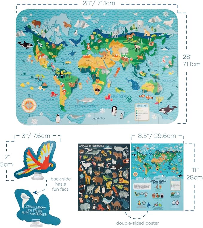Stephen Joseph, World Map Puzzle Animal Biomes with 3D Animal Pieces – Includes 16 Play Pieces with Fun Facts and Stands, Includes 8.5 x 11 Poster, Jigsaw Puzzle for Girls & Boys 3+ Years