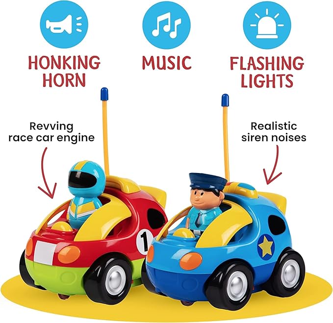 PREXTEX Cartoon Remote Control Car - 2-Pack Police and Race Car Toddler Toys - RC Cars for Kids with Different Frequencies - Easy Remote Control Toy and Thoughtful Gifts for Boys and Girls