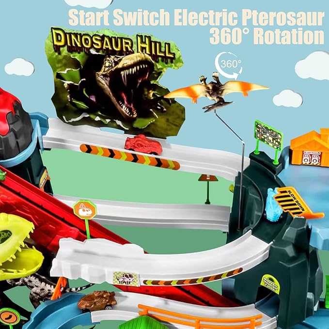 Children's Toy Car Ramp Track Dinosaur Spray Hills Adventure Railcar Slot Car Vehicle Race Play Set with 20 Mini Cars for Preschool Boys Puzzles Gifts Kids Ages 3 to 6 or Older (Spray Dinosaur)