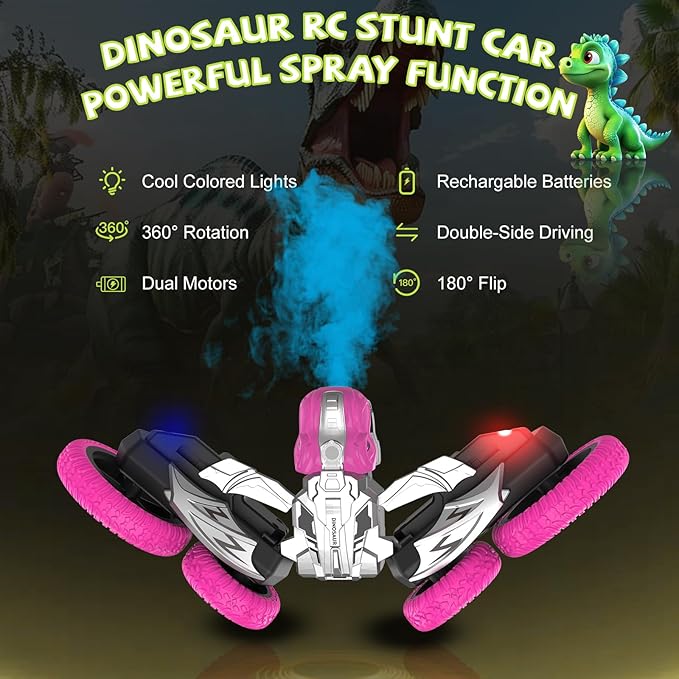 Remote Control Car, 360° Rotating RC Stunt Car with Lights and Spray, 2.4Ghz 4WD Double-Sided Driving RC Car Toys for Kids, Outdoor Dinosaur Truck Gift for Boys and Girls Age 4-7,8-12 (Pink)