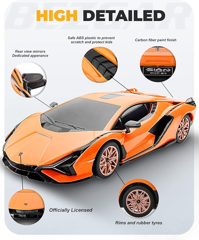 BEZGAR Licensed RC Series, 1:24 Scale Remote Control Car Lambo Sián FKP 37 Electric Sport Racing Hobby Toy Car Model Vehicle for Boys and Girls Teens and Adults Gift (Orange)
