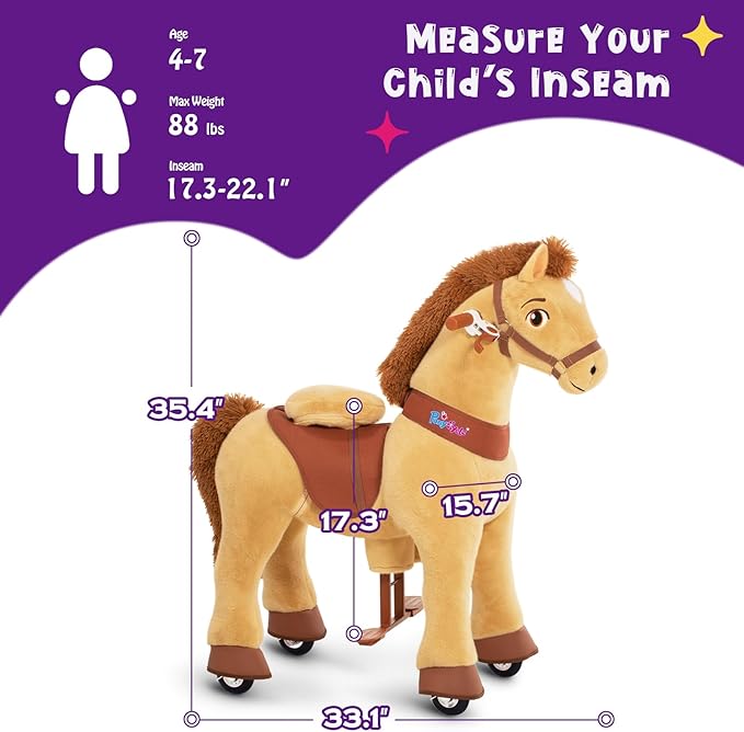 PonyCycle Horse Ride on Pony Toys Riding Horses Rocking Horse Walking Essential Model E (with Brake/ 35.4" Height/Size 4 for Age 4-7) Boys and Girls Gifts Ride on Horse with Wheels Light Brown E436