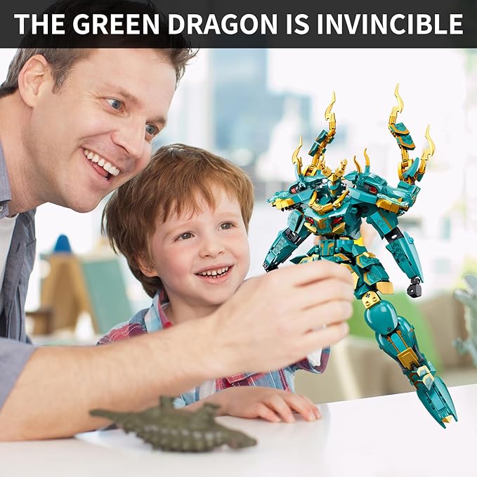 Green Dargon Samurai mech Robot with Long Spear Model Building Blocks Toy Set Mythical Birthday for Age 8+ Children Adults Teens 704 Pieces