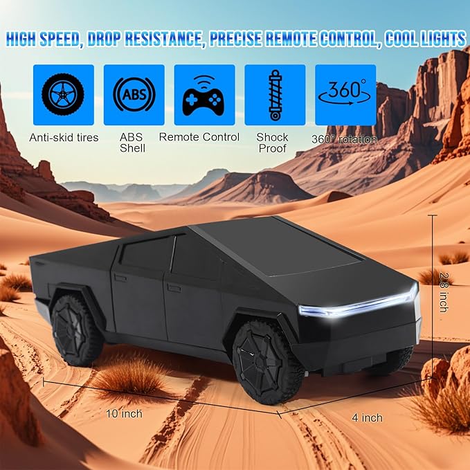 Remote Control Pickup Truck, 1/24 Scale Racing Car Model, Rechargeable Battery & Light and Loadspace, for Adults and Boys (Black)