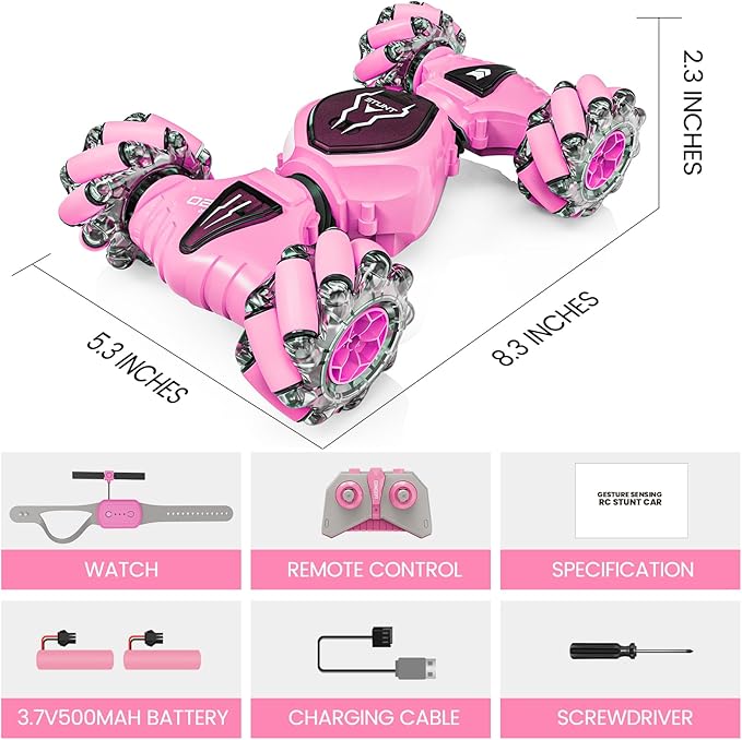 Tecnock Remote Control Car RC Cars for Girls, 2.4GHz 4WD Gesture Sensing RC Stunt Car Toys - 360° Rotating Double Sided Hand Controlled RC Car with Lights, Gifts for Kids, Pink