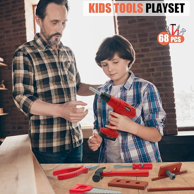 iKaufen Kids 68-Piece Toddler Tool Set with Tool Box & Electric Toy Drill - Pretend Play Construction Toy Set for Boys & Girls Ages 3-6
