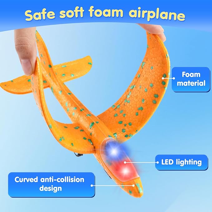 3 Pack LED Airplane Launcher Toys - Foam Glider Catapult Aircraft Plane Toy with Stickers - 2 Flight Mode Outdoor Flying Toys for Age 3 4 5 6 7 8 9 10 11 12 Year Old Kids Boys Girls Birthday Gifts