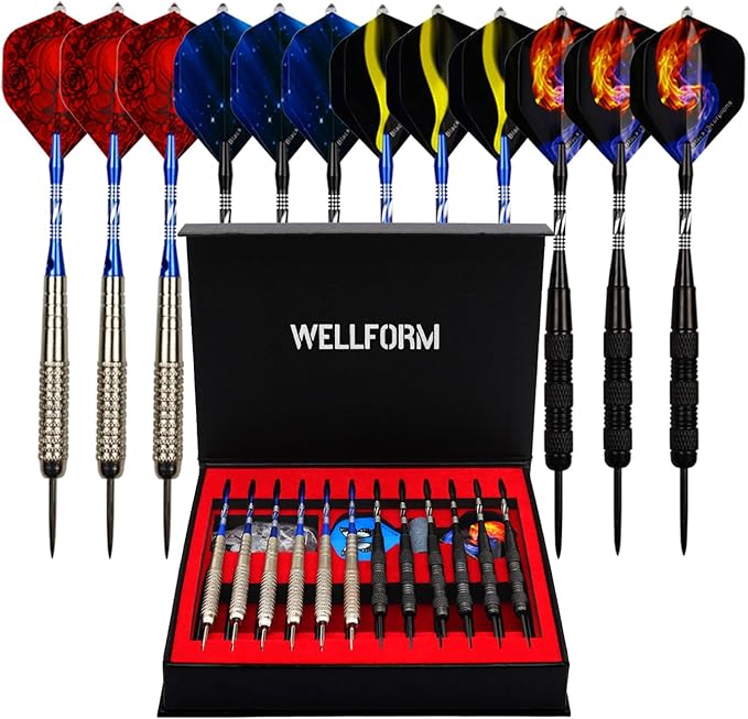 Darts Metal Tip Set，12 Pack 22 Gram with Nonslip Iron Barrel, Darts Steel Tip Set Professional,with 12 Aluminum Dart Shafts, 24 Extra Flights, Dart Sharpener, Dart Wrench, Stylish Gift Box