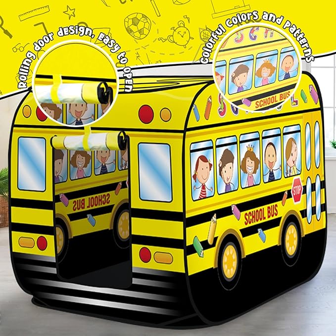Pop up Play Tent for Kids Aged 1-3 Years Old Boys and Girls : School Bus Tent Playhouse Toy Play Tents for Toddlers 3-5 Kids Tent Indoor Outdoor Playhouse Toys for 1 + Year Old, School Bus