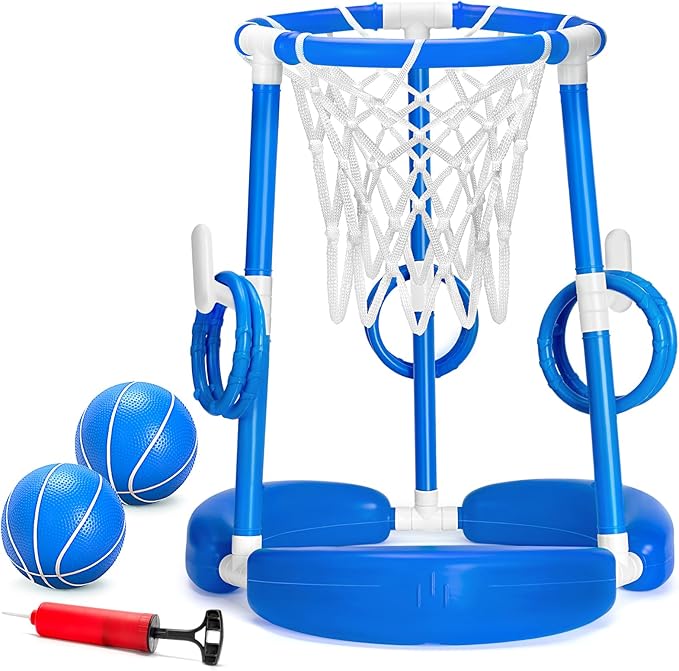 GMAOPHY Pool Basketball Hoop, 2-in-1 Poolside Floating Pool Basketball Game, Swimming Pool Games for Kids Adults Indoor Outdoor Play, Water Play Toy Family Party, Includes Hoop, Balls, Pump, Blue