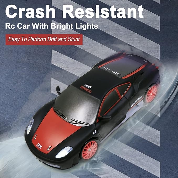 Remote Control Car RC Drift Car 2.4GHz 1:24 Scale 4WD 15KM/H High Speed Model Vehicle with LED Lights Drifting Tire Racing Sport Toy Car for Adults Boys Girls Kids Gift 2Pcs Rechargeable Batteries