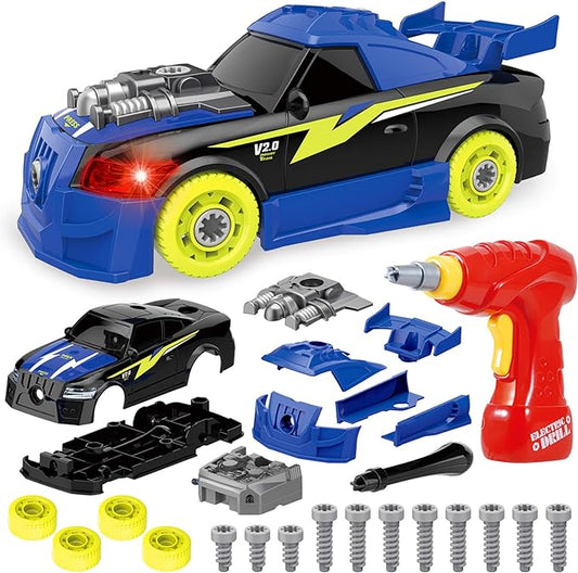 Coogam Take Apart Racing Car with Electric Screwdriver Tool, Fine Motor Skill Toy Car Construction Set STEM Building Learning Game with Light and Sound Gifts for Year Old Boys and Girls
