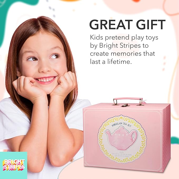 Bright Stripes Porcelain Tea Set for Kids - Premium Quality Pretend Play Set - 4 Tea Cups, 4 Saucers, Tea Pot, Sugar Pot, Creamer - Ideal Kids Tea Sets for Girls