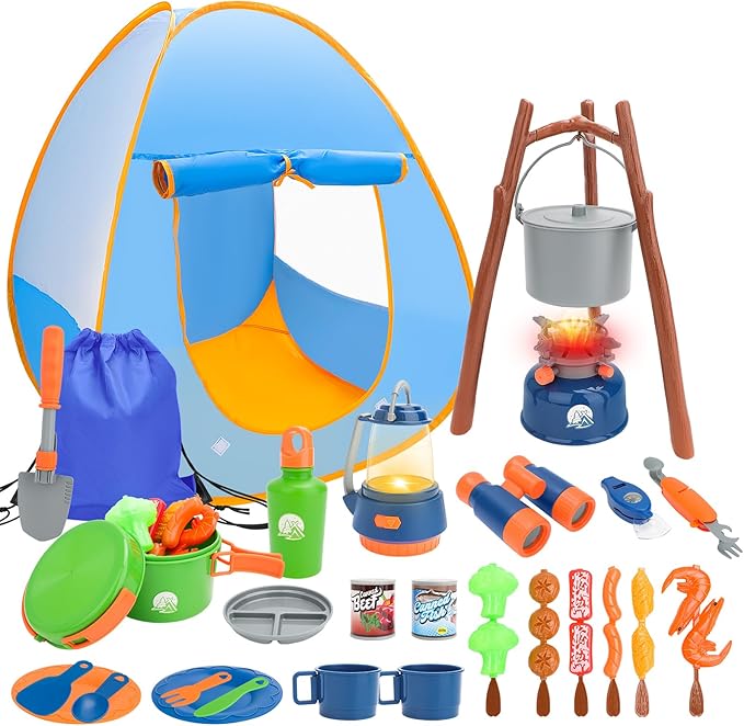 deAO Kids Camping Toys Set with Pop Up Play Tent,32 PCS Outdoor Pretend Camping Toys with Light & Spray for Kids Boys Girls Age 3 4 5 6, Gift for Kids
