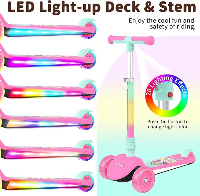 BELEEV A9 Kids Scooter with LED Light-Up Wheels & Deck, 3 Wheel Folding Scooter for Toddlers Girls Boys Ages 3-12, Adjustable Handlebar, Lean to Steer, Extra-Wide Wheels, Kick Scooter for Children
