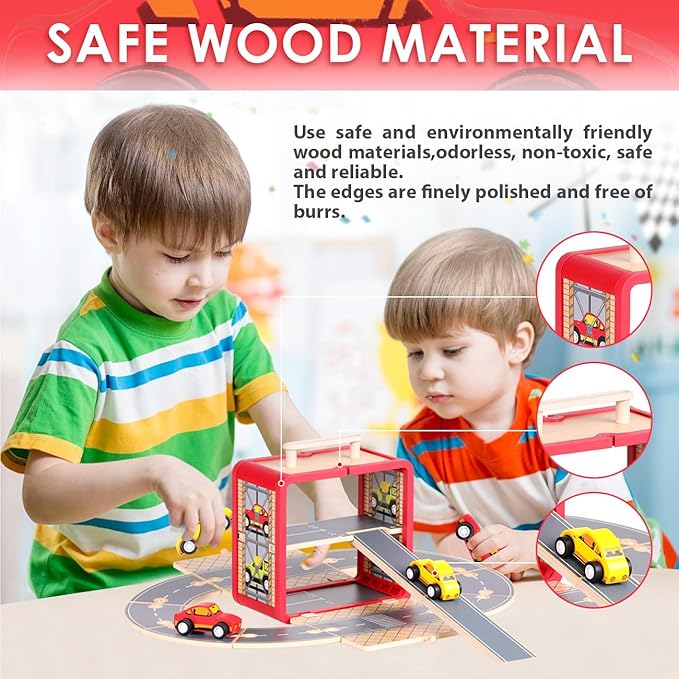 Wooden Toy Car Set for Toddlers, Car Track and Parking Garage Playset, Toy Vehivle Set with Blocks Storage Box for Kids Boys and Girls