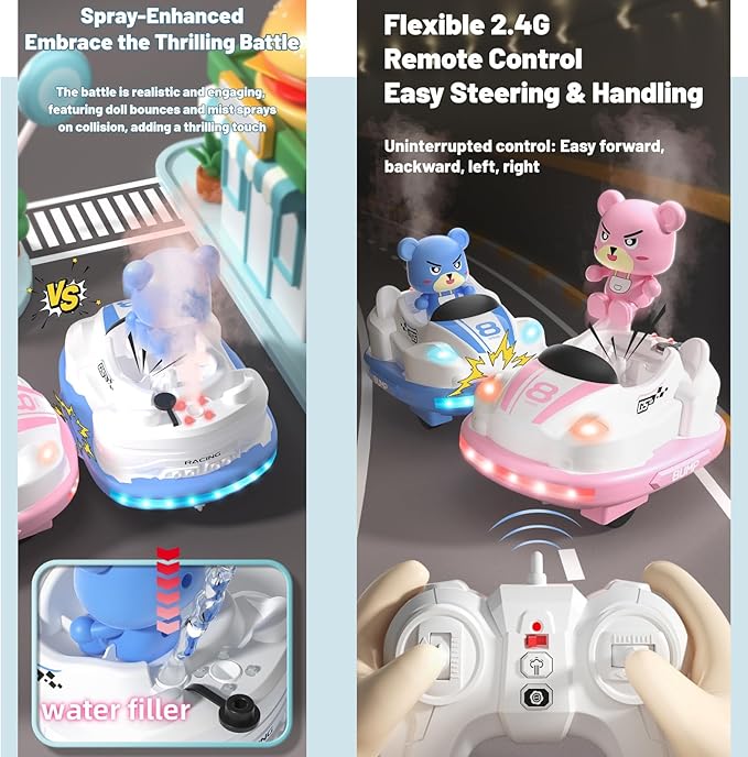 Velasko RC Bumper Cars Set of 2, Remote Control Cartoon Bumper Cars Set Toddler Toys with Music Lighting Spray for 3 4 5 6 Year Old Kids, Boys Girls Christmas Birthday Gift