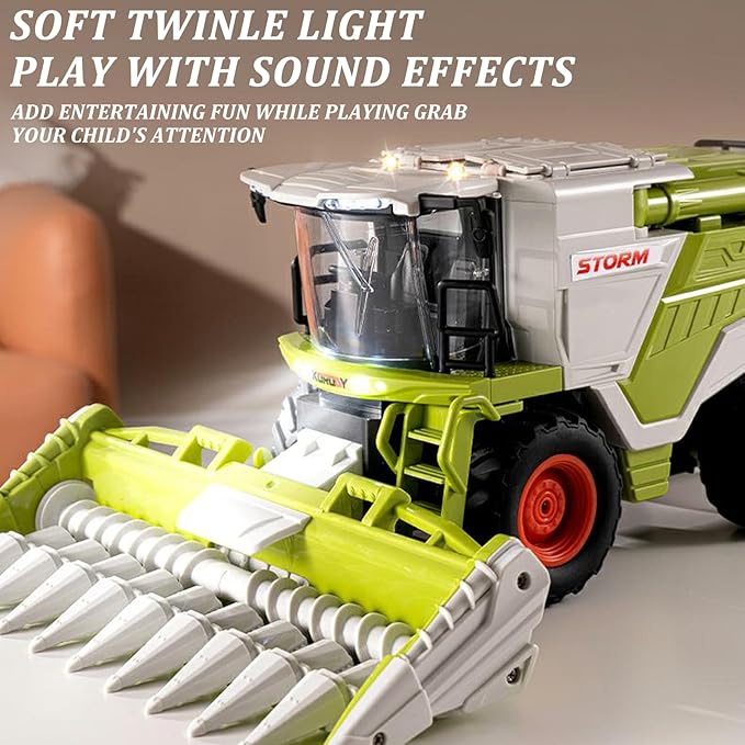 Remote Control Harvester Toy, 1:24 Scale Farm Tractor Toy with LED Lights, Sounds Effects & Spray, 2.4GHz Simulation RC Tractor Truck Birthday Gift for Boys Girls 3-8