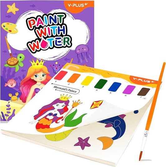 YPLUS Paint with Water Books for Toddlers, Watercolor Painting Paper for Kids Ages, Art Craft Gift for Drawing with Brush Christmas Stocking Stuffers for Kids Toddler - Mermaid