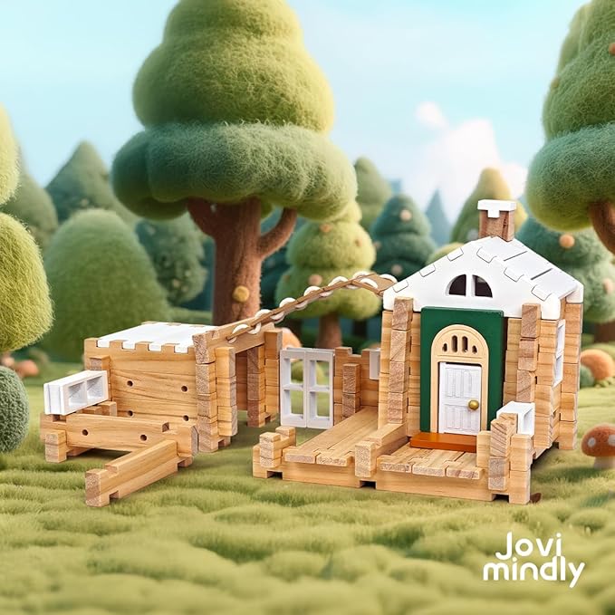 Jovi-mindly＆Notchies 107 Pcs Wooden Blocks Toys with Door and Windows,Classic Old Fashioned Toys,Wooden Building Blocks for Kids Ages 4-8 Boys and Girls,FSC Certified,Graduate Gifts