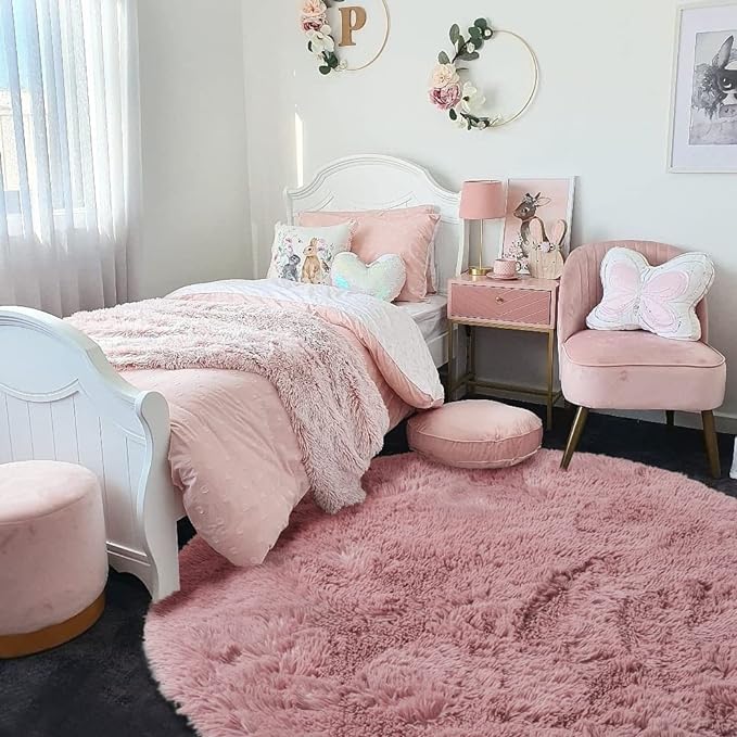 Blush Pink Fluffy Round Rug 4Ft for Bedroom, Fuzzy Furry Circle Area Rugs for Kids Room Decor Aesthetic, Shaggy Circular Carpet for Girls Nursery Dorm Baby Teen, Cute Neutral Dusty Rose Mauve Rug