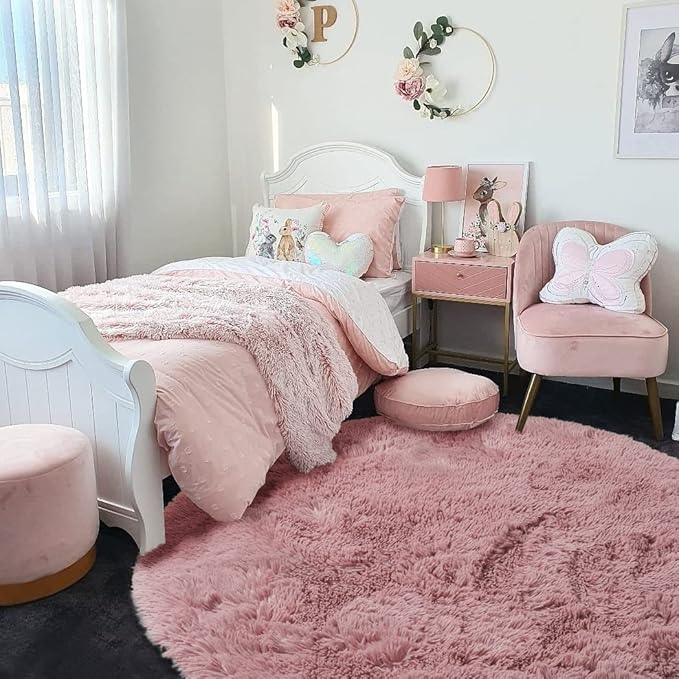 Blush Pink Fluffy Round Rug 5Ft for Bedroom, Fuzzy Plush Circle Area Rugs for Baby Kids Room Decor Aesthetic, Shaggy Circular Carpet for Teen Girls Nursery Dorm Playroom, Cute Dusty Rose Mauve Rug
