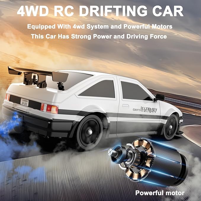 Remote Control Car RC Drift Car 1:16 Scale 4WD 18KM/H High Speed Model Vehicle 2.4GHz with LED Lights Spray Rubber Tire Racing Sport Toy for Adults Boys Girls Kids Gift 2Pcs Rechargeable Batteries