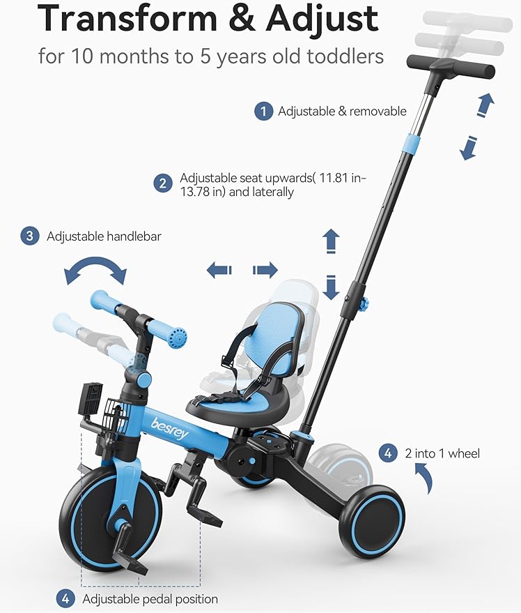 besrey 5 in 1 Toddler Bike, Toddler Tricycle for 1-3 Year Old, Trike with Push Handle, Backrest and Safety Belt, Birthday Gifts and Toys for Boys and Girls, Balance Bike