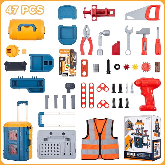 ‌3-in-1 Kids & Toddler Tool Bench with Working Electric Drill - Realistic Construction Toys Learning Set for Ages 2-6, Interactive Workshop Playset for Birthday & Christmas