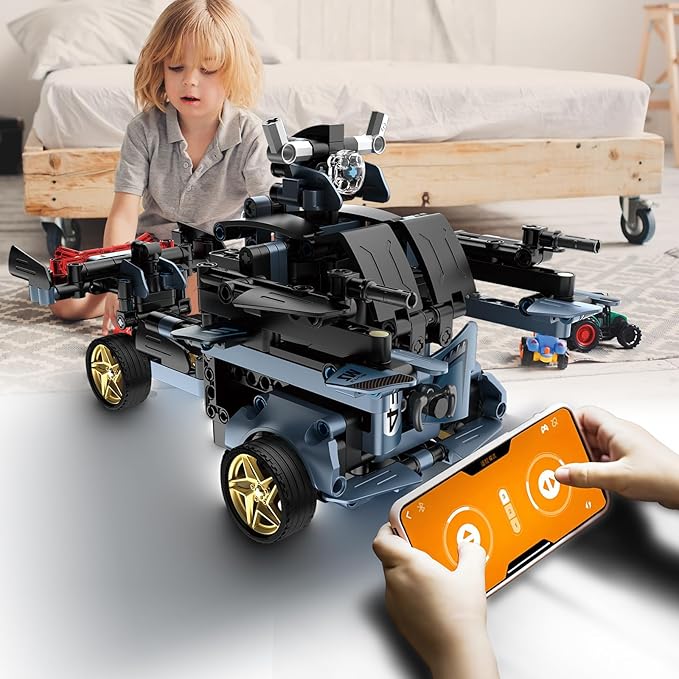 STEM Building Toys for Kids, Educational Building Blocks, Remote & APP Controlled 2in1 RC Car/Construction Robot STEM Kit, Science Learning Car Building Sets for Boys Girls 8-16 Old (Dark Blue)