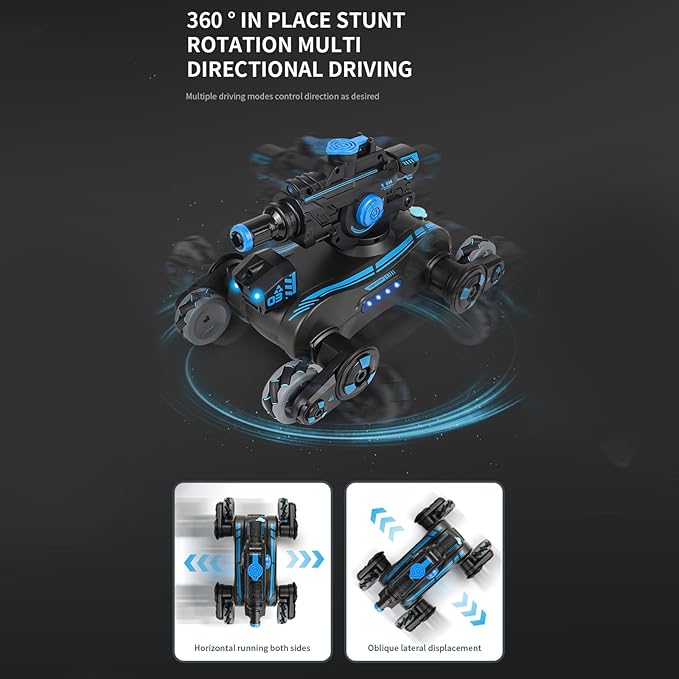 RC Tank That Shoots, RC Stunt Car Shooting Water Bullets, Gesture Sensing Remote Control Tank with 360?Rotation, Spray, Light and Music, 2.4GHz 4WD RC Cars with 2 Batteries for Kids (Black)