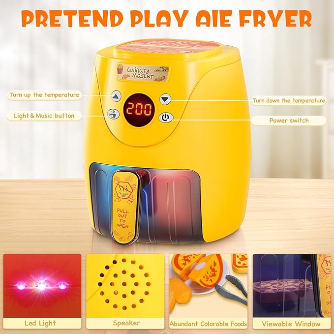 GAGAKU Kids Air Fryer with Play Food Toddler Chefs Pretend Play Food Toys Oven with Light & Sound and Play Food Grill Cooking Utensils,Cooking Toys for 3-8 Year Old Girls Boys Gift
