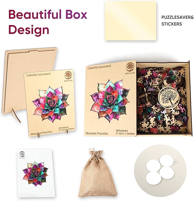 Colorful Succulent Puzzles for Adults, Wooden Puzzles 200 Pieces, 5MM Thick Unique Shaped Flower Jigsaw Puzzles Birthday Gifts for Kids Family Game 11.1 * 11.2inch