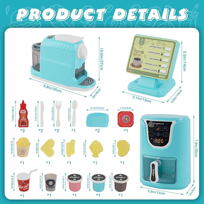 Toy Air Fryer and Coffee Maker Kids Play Kitchen Playset Accessories, Pretend Play Kitchen Toy ,Coffee Shop, Kitchen Toys for 3-8 Year Old Girls Boys Gifts