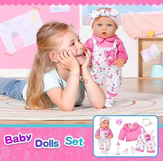 12" Baby Doll with Pink Bowknot Clothing Set,12 Inch Realistic Baby Dolls with Clothes and Accessories,Pacifier Bottle Toy Pretend Play Collection for 3+ Child Girls Gifts