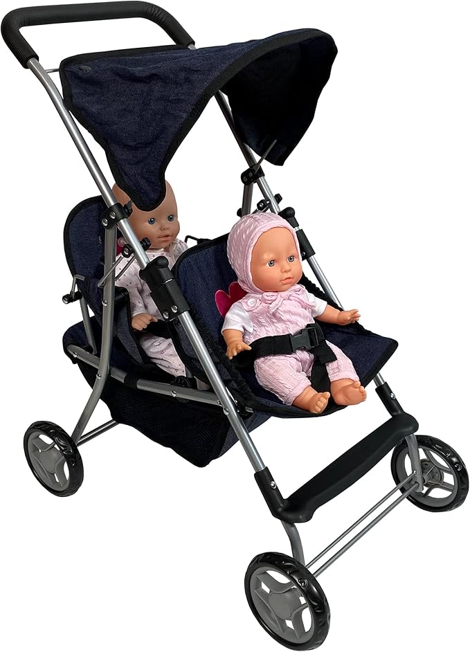 Double Baby Doll Stroller for Twin Dolls | Toy Doll Stroller for Toddlers, 4 Year Old, 5 Year Old Girls, 8 Year Old | 25” Tandem Play Toy Stroller for Baby Dolls, Denim Baby Stroller for Dolls