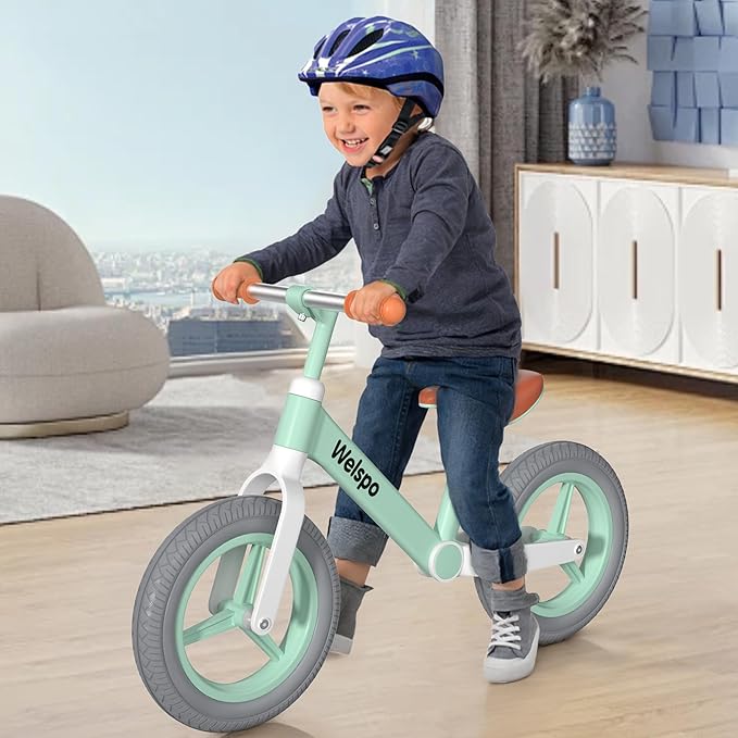 welspo 12-Inch Kids Balance Bike, No Pedal Toddler Bike for 2-5 Years Old Boys and Girls, Lightweight Nylon Frame with Adjustable Handlebar and Seat, Shock Absorption, Anti-Slip PU Airless Tires