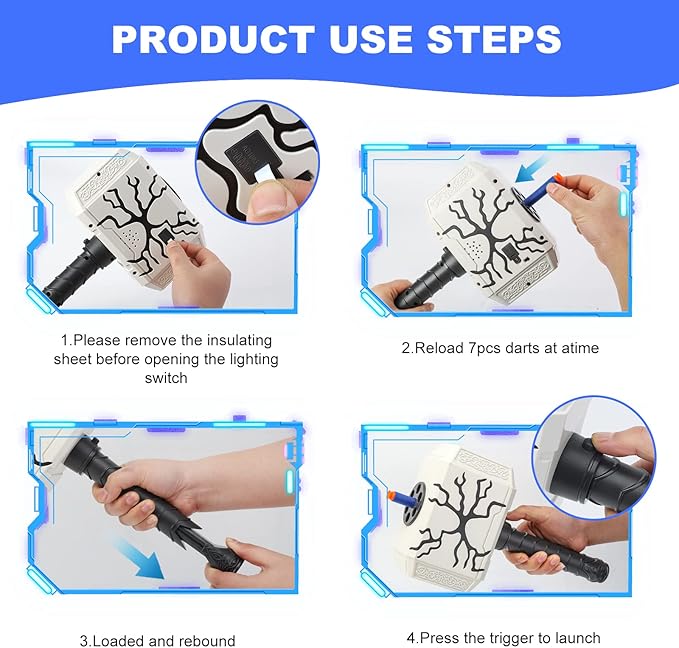 Dart-Blasting Hammer Toys Guns with Light -Toys for 6+ Year Old Boys,Kids Roleplay Toy Thunder Mjolnir Includes 30 Darts Gift for Boys & Girls Shooting Game Toy