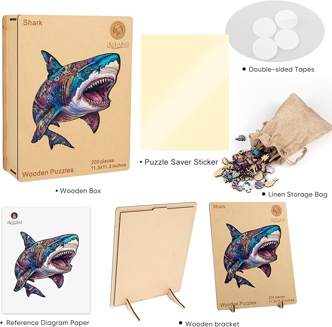 Wooden Puzzles for Adults, Shark Jigsaw Puzzles 200 Pieces, Unique Shape Puzzles with Wooden Box, 11.3 x 11.3 Inches Medium Size Family Game Gift, Fun Challenging Puzzles for Adults and Kids
