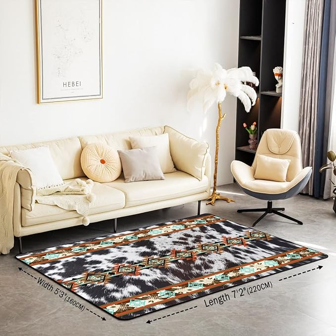 Erosebridal Cowhide Area Rug 5x7, Western Rugs, Black and White Highland Cow Print Exotic Aztec Diamond Carpet for Bedside, Farm Animals Bull Cattle Skin Cowboys Decorative Rug for Women