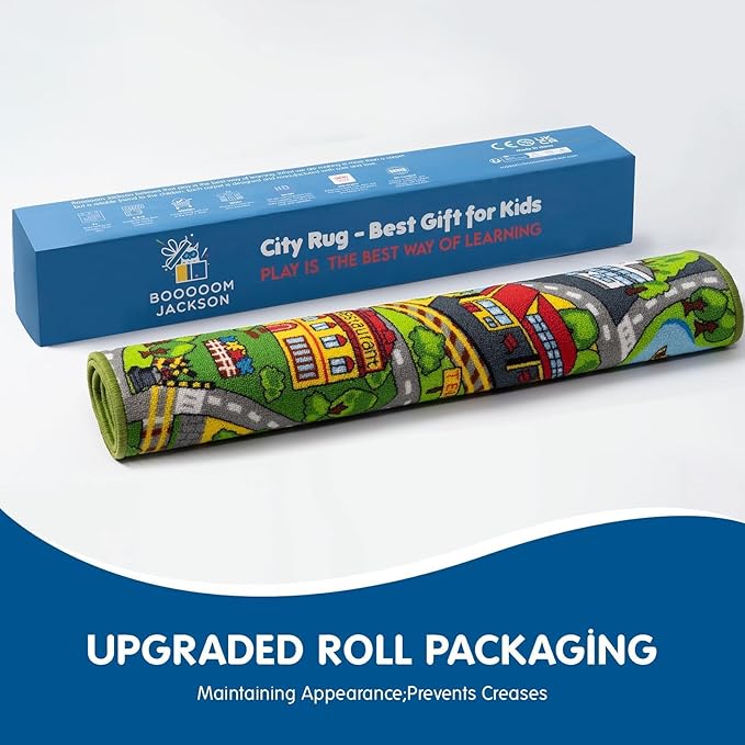 Booooom Jackson City Playmat Rug, Green, 60 x 32 inches, Non-Slip, Machine Washable, Compatible with Hot Wheels and Matchbox Cars, Ideal for Kids Room or Playroom