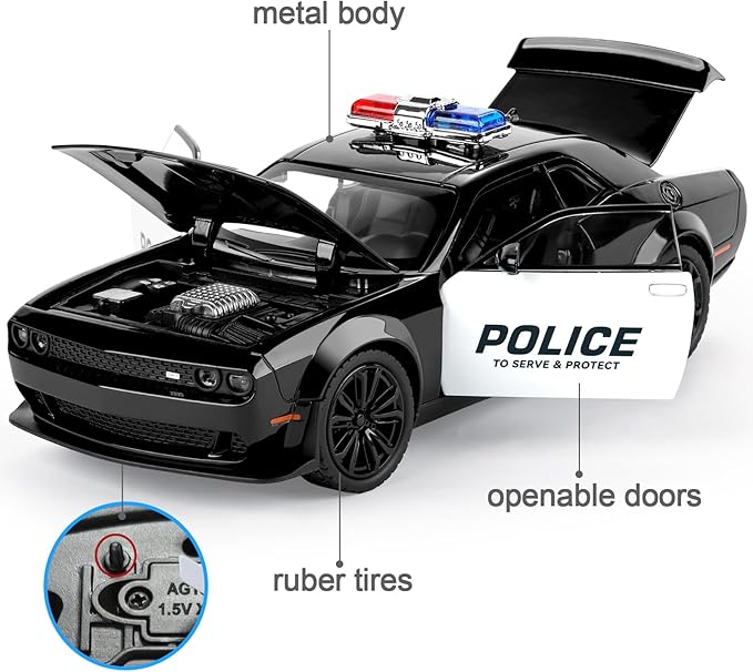 SASBSC Police Car Toys for Boys Age 3-12 1:22 Hellcat Toy Cars Diecast Metal Car Model with Light & Sound Collectable Muscle Cars for Kids 3+ Year Olds