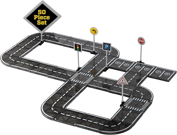 Playmags Magnetic Tiles Road Set - 50 Pcs STEM Educational Construction Toy Car Track, Building Blocks Magnet Toys for Toddlers, Safe for Ages 3+