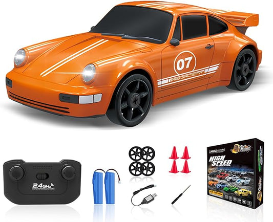 1/24 4WD RC Drift Car - 2.4GHz Remote Control With LED Light, High Speed, Two Rechargeable Batteries and Drift Tires for Kids and Adults - Orange